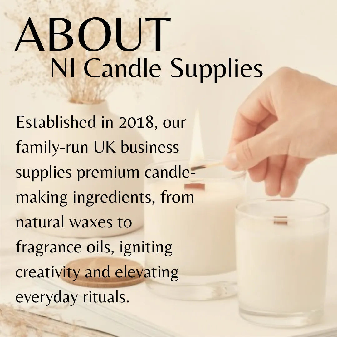 Promotional graphic for NI Candle Supplies showing a hand lighting a candle with a match beside a lit candle in a glass jar. Large text reads 'ABOUT NI Candle Supplies' with company history on a warm cream background.