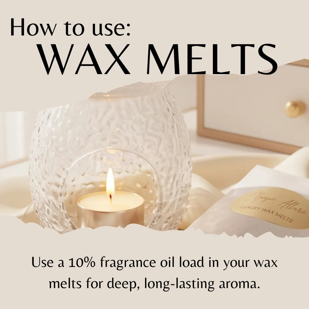 Instructional graphic titled 'How to use: WAX MELTS' showing a lit candle inside a textured clear glass holder, with a wax melt package and text explaining fragrance oil loading for deep aroma.