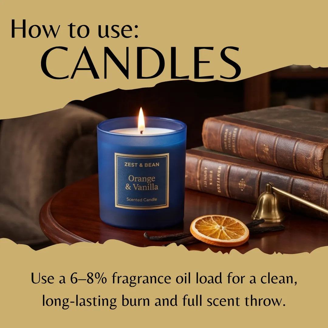 A styled product graphic showing a frosted blue candle jar with flame labelled 'Zest & Bean Orange & Vanilla' on a wooden surface. Large text at the top reads 'How to use: CANDLES,' and smaller text at the bottom explains using fragrance oil load for a long-lasting burn.