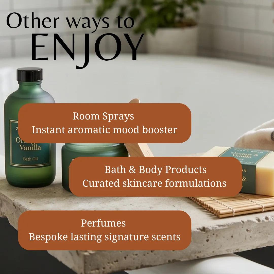 Promotional graphic for bath and body products showing a green bottle, a green jar, and a bar of soap on a stone surface with overlaid text reading 'Other ways to ENJOY' and callouts for room sprays, bath & body products, and perfumes.