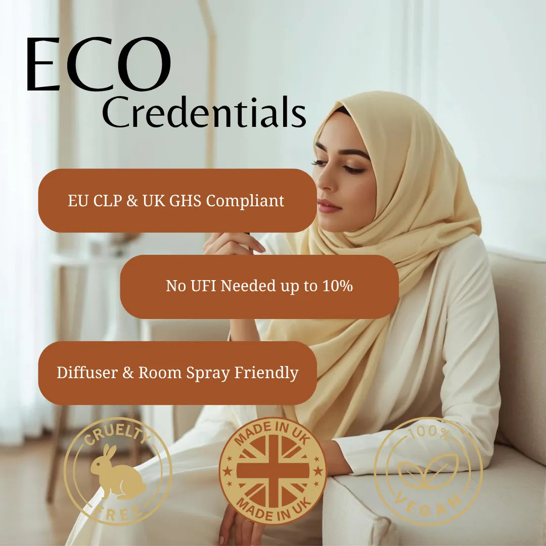 A woman wearing a light beige hijab sits on a sofa in a bright indoor setting, with promotional text reading 'ECO Credentials' and badges for cruelty-free, UK made, and vegan claims.