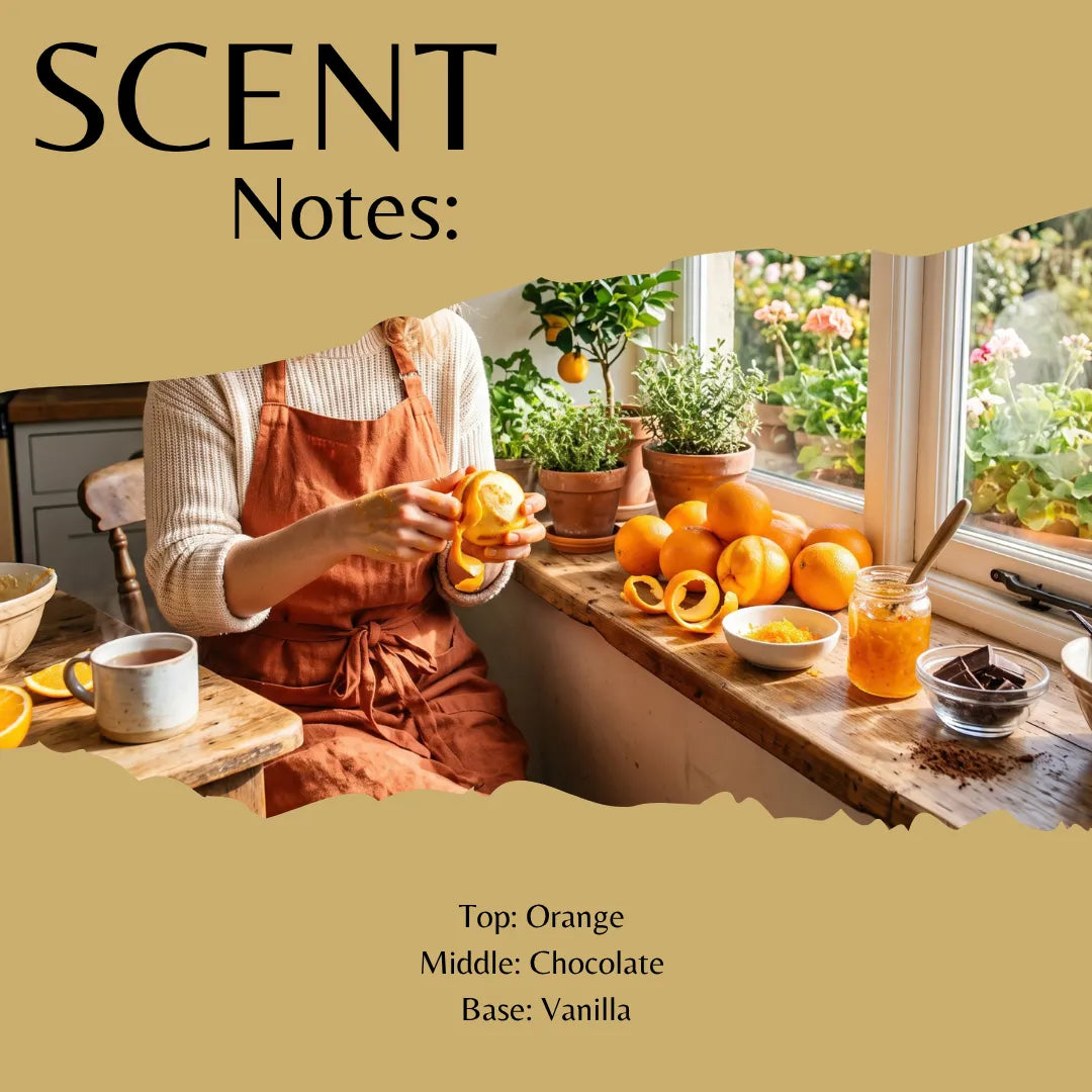 Scent notes graphic for a fragrance with a tan background and torn-paper style photo insert showing a person peeling oranges at a window, with text reading 'SCENT Notes:' and 'Top: Orange, Middle: Chocolate, Base: Vanilla'.