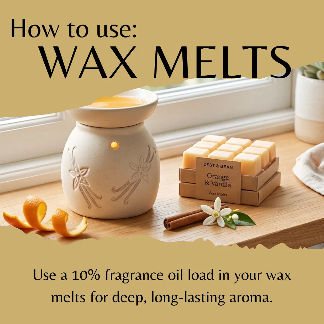 A styled product graphic showing a cream wax warmer with dragonfly decoration, lit with a small warm glow, alongside stacked bars of wax melts labeled 'Zest & Bean Orange & Vanilla' on a wooden surface. Large text at the top reads 'How to use: WAX MELTS,' and smaller text at the bottom explains using fragrance oil load for deep aroma.