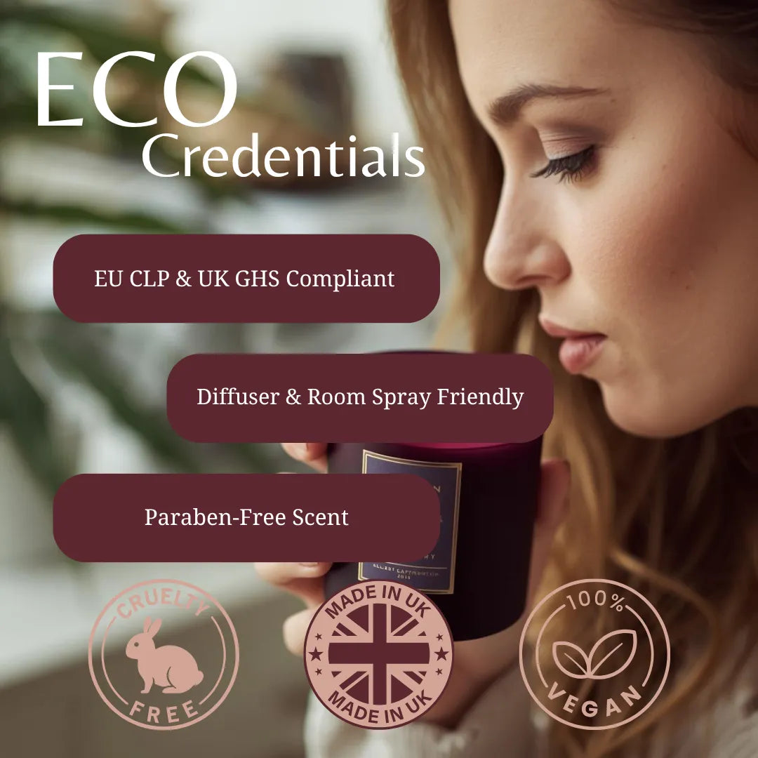 A woman in profile holds a candle while promotional text reads 'ECO Credentials' with badges for EU CLP & UK GHS compliance, diffuser and room spray friendliness, paraben-free scent, cruelty free, made in UK, and vegan.