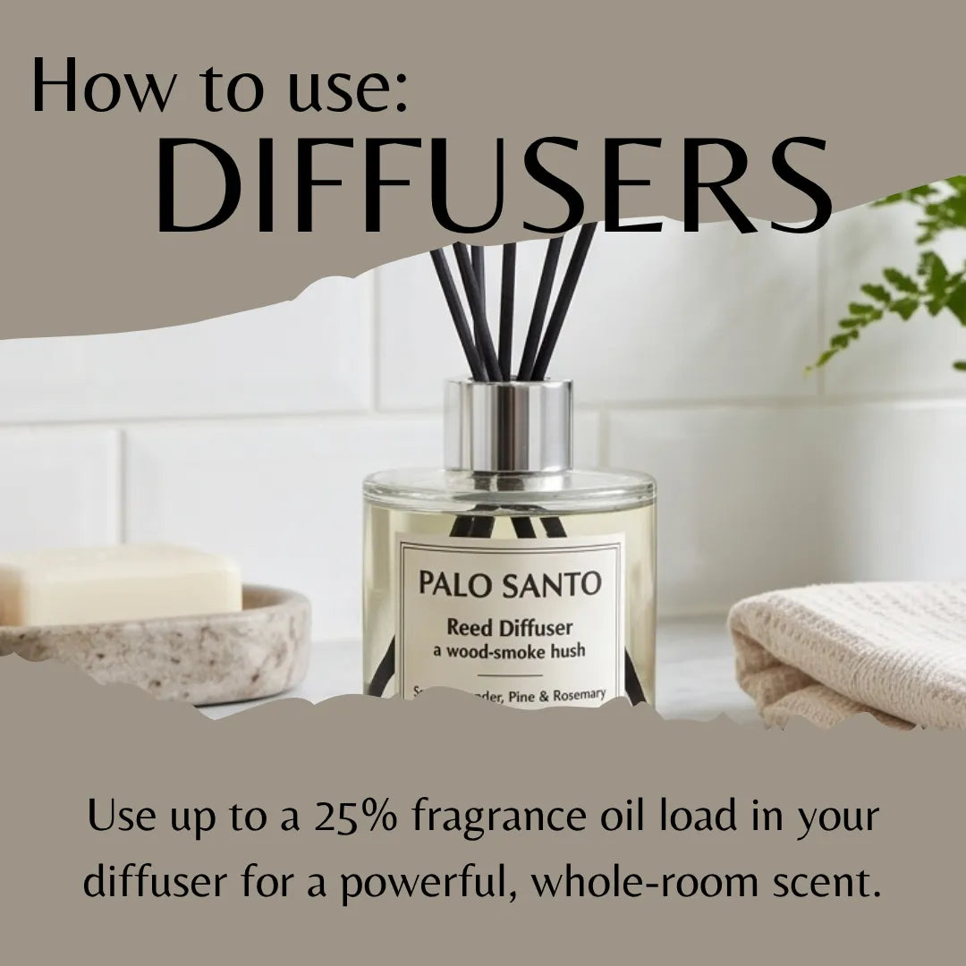 A reed diffuser bottle labeled PALO SANTO is shown in a bathroom-like setting with towels, soap, and a plant, under a taupe banner that reads 'How to use: DIFFUSERS' and includes usage text about fragrance oil load.