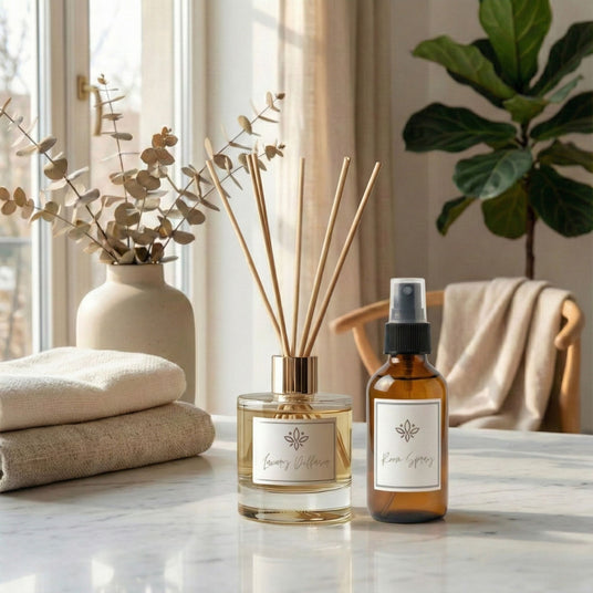 A diffuser and a bottle of essential oil on a table with a plant and towels in the background.