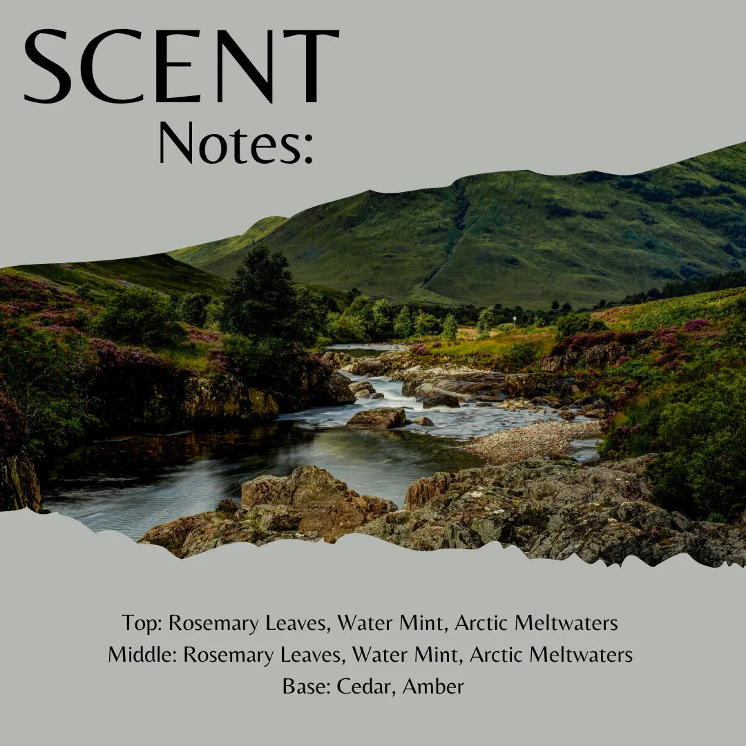 Scent Notes: album cover art featuring a scenic landscape of a river flowing through green mountains, with text listing fragrance notes including rosemary leaves, water mint, arctic meltwaters, cedar, and amber.