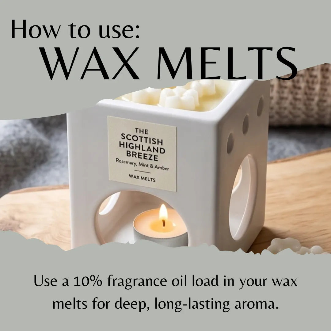 A white cube-shaped wax warmer candle holder with a lit tea light candle inside, shown on a wooden surface with text overlays explaining how to use wax melts. The label reads 'THE SCOTTISH HIGHLAND BREEZE' and 'WAX MELTS'.