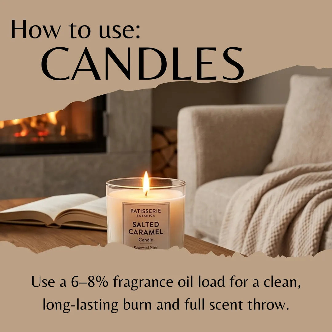 A lit candle labeled 'Patisserie Artisan Salted Caramel Candle' sits on a table in a cozy living room setting with a fireplace, open book, and sofa. Text overlays read 'How to use: CANDLES' and provide fragrance oil usage information.