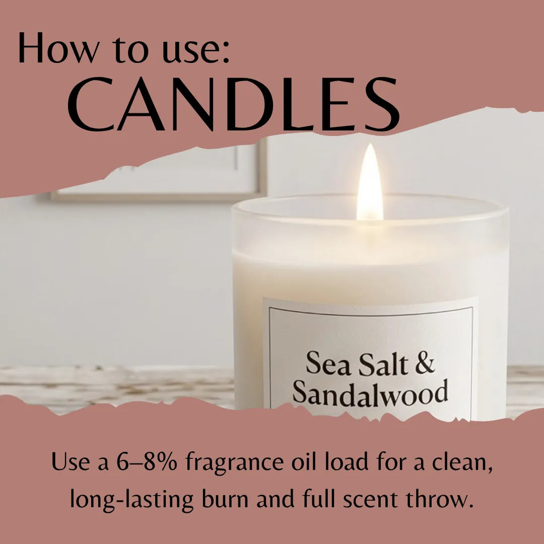 A lit white candle jar labeled 'Sea Salt & Sandalwood' with overlaid text reading 'How to use: Candles' and usage instructions about fragrance oil load.