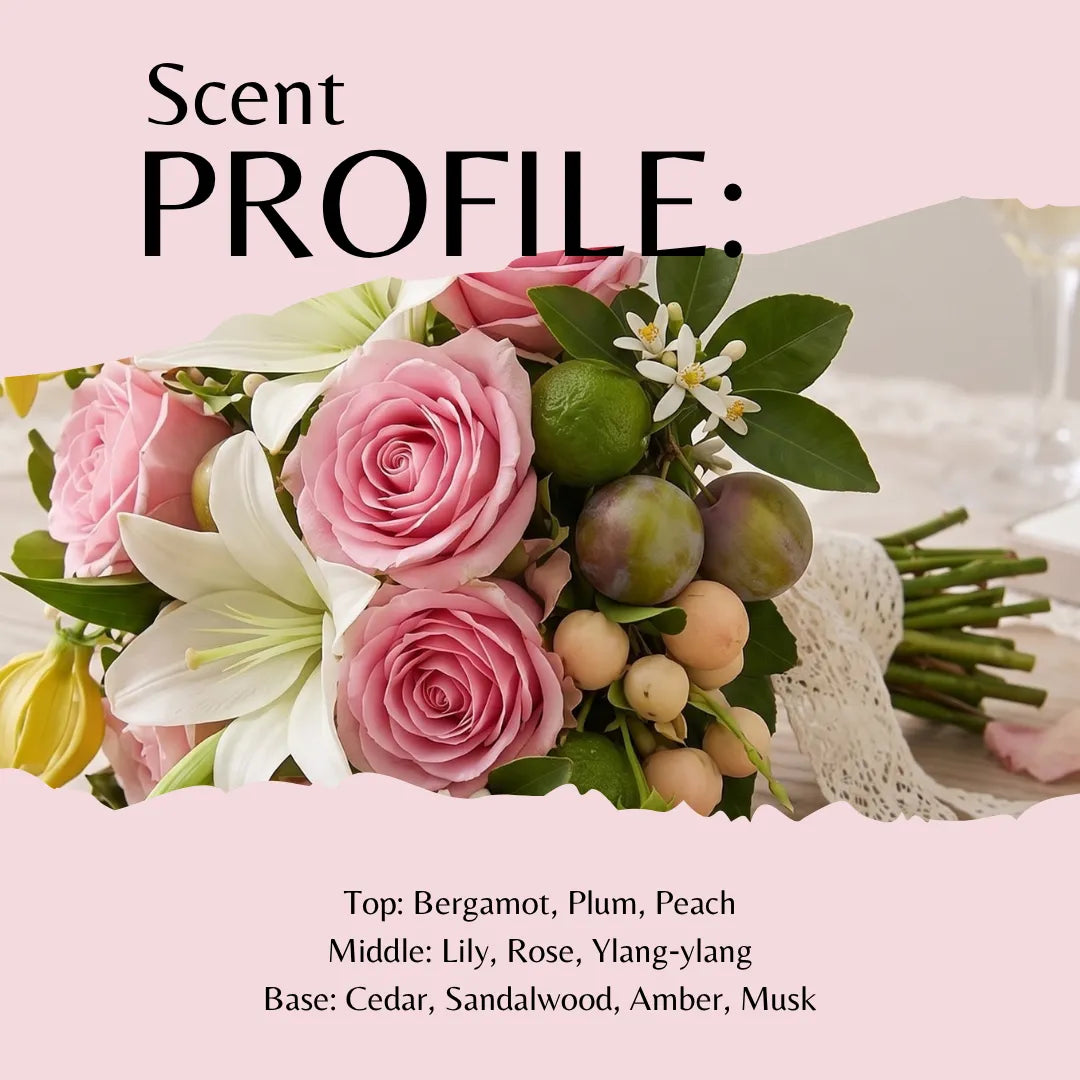 A floral bouquet with pink roses, white lilies, green leaves, plums, and small white flowers on a pink background with the text 'Scent PROFILE:' and scent notes below.
