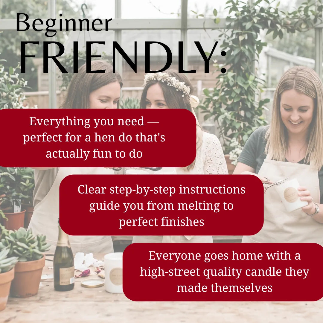 Promotional graphic for a beginner-friendly candle-making class or kit, featuring three women in a greenhouse setting with text overlays highlighting key selling points: everything needed for a fun hen do, clear step-by-step instructions, and a high-quality candle everyone makes together.