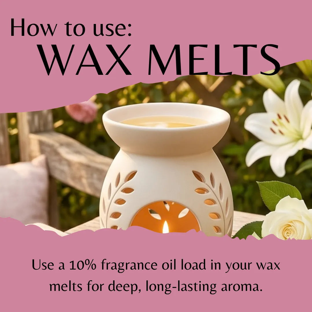 A candle wax melt warmer with a lit candle inside, shown outdoors with flowers and a wooden fence in the background. Text overlays read 'How to use: WAX MELTS' and 'Use a 10% fragrance oil load in your wax melts for deep, long-lasting aroma.