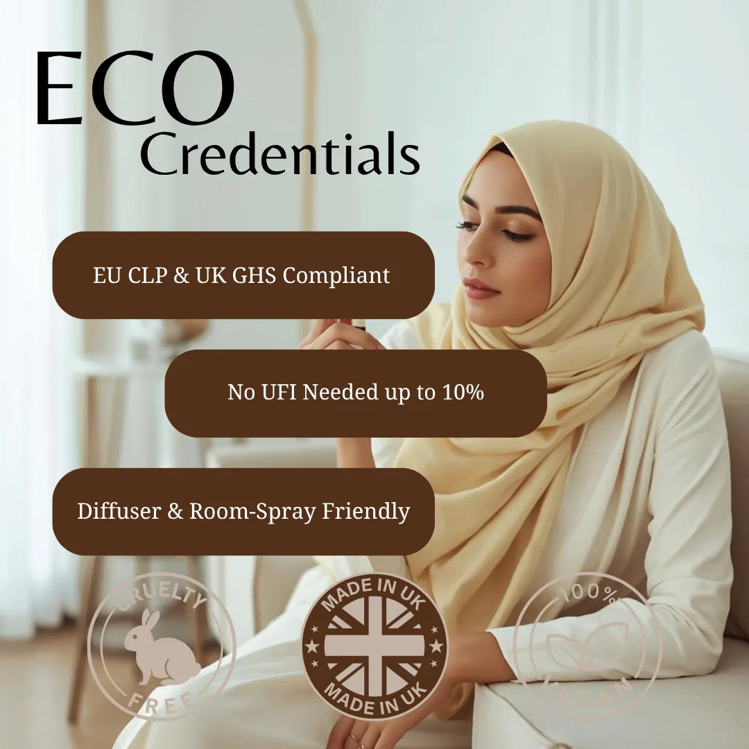 A woman wearing a beige hijab sits indoors with promotional text overlays reading 'ECO Credentials' and feature callouts about EU CLP & UK GHS compliance, low fragrance concentration, and diffuser compatibility. The image includes small certification-style icons for cruelty free, made in UK, and 100% natural.