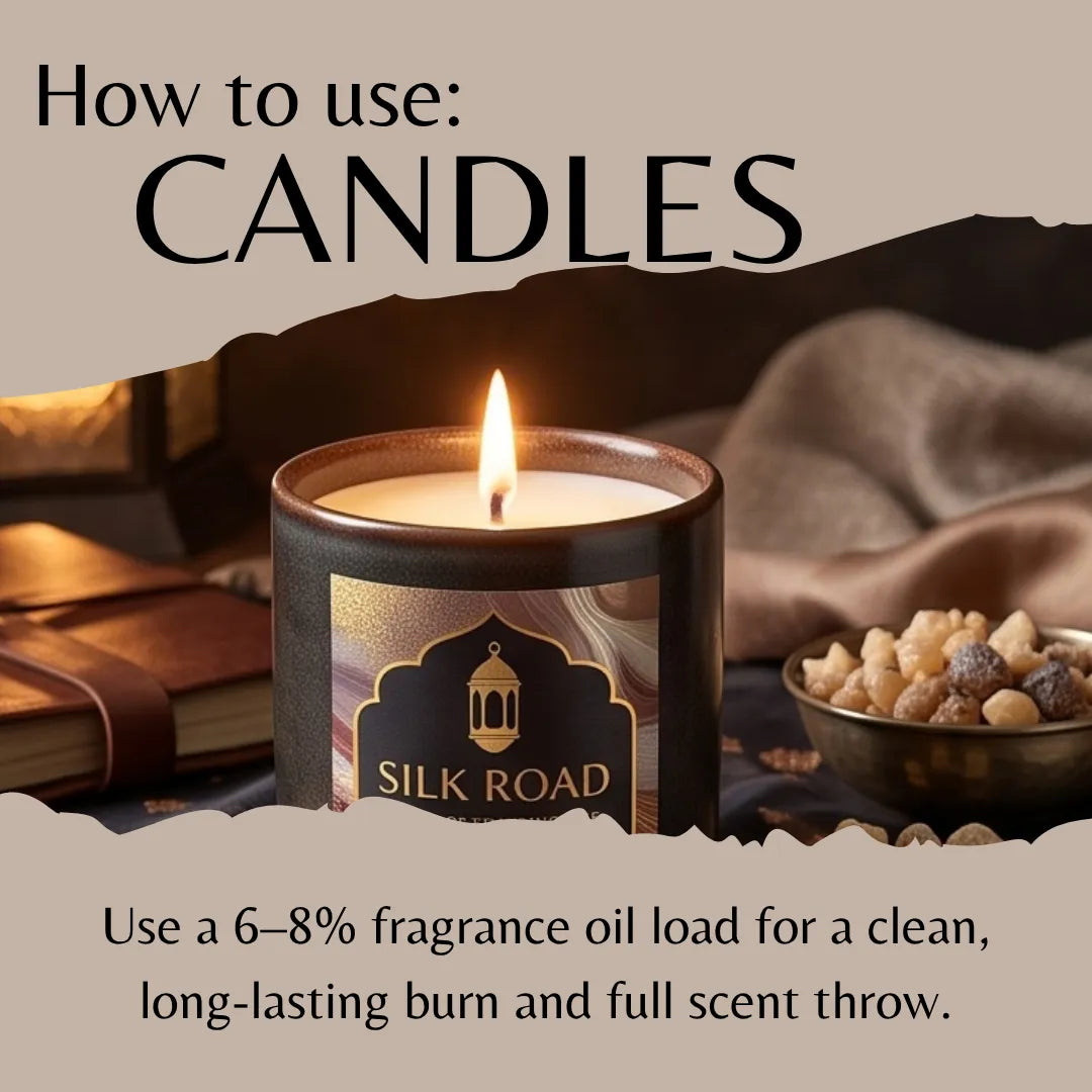 An instructional graphic titled 'How to use: CANDLES' shows a lit 'Silk Road' scented candle in a dark brown jar with a gold label. The background is a styled scene with a book, draped fabric, and a bowl of nuts, with text explaining fragrance oil load recommendations.