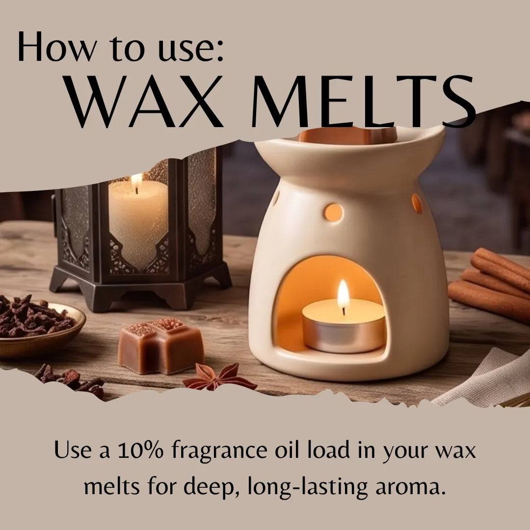 A warm beige ceramic wax warmer with a lit tealight candle inside, shown on a rustic wooden surface with candles, spices, and large text reading 'How to use: WAX MELTS' and additional usage instructions.