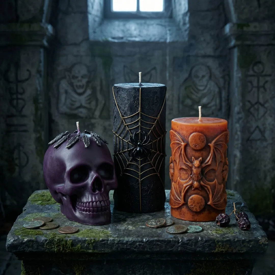Three ornate candles with skull and spider web designs on a stone surface in a dark, mystical setting.