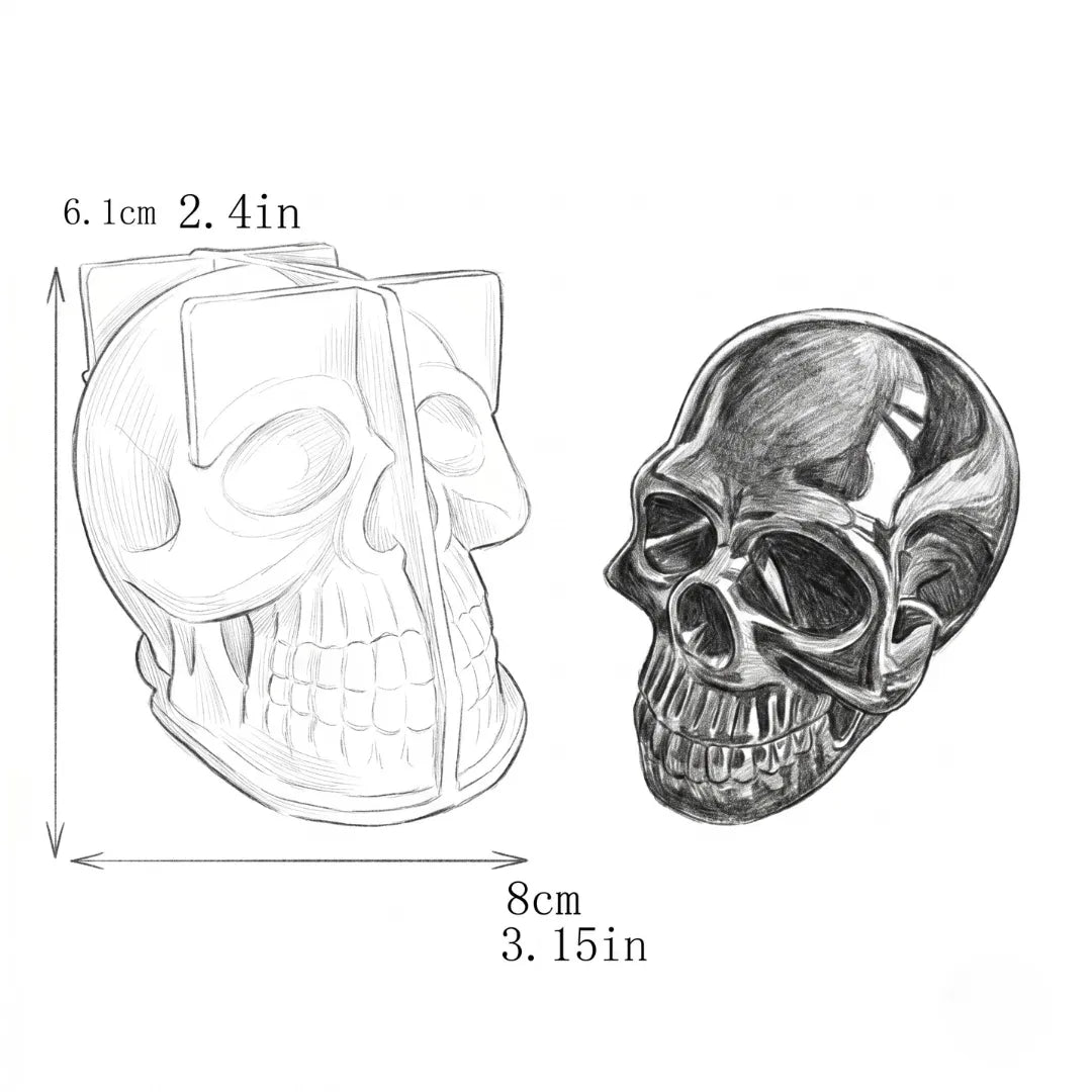 Skull-shaped candle with measurements on a white background