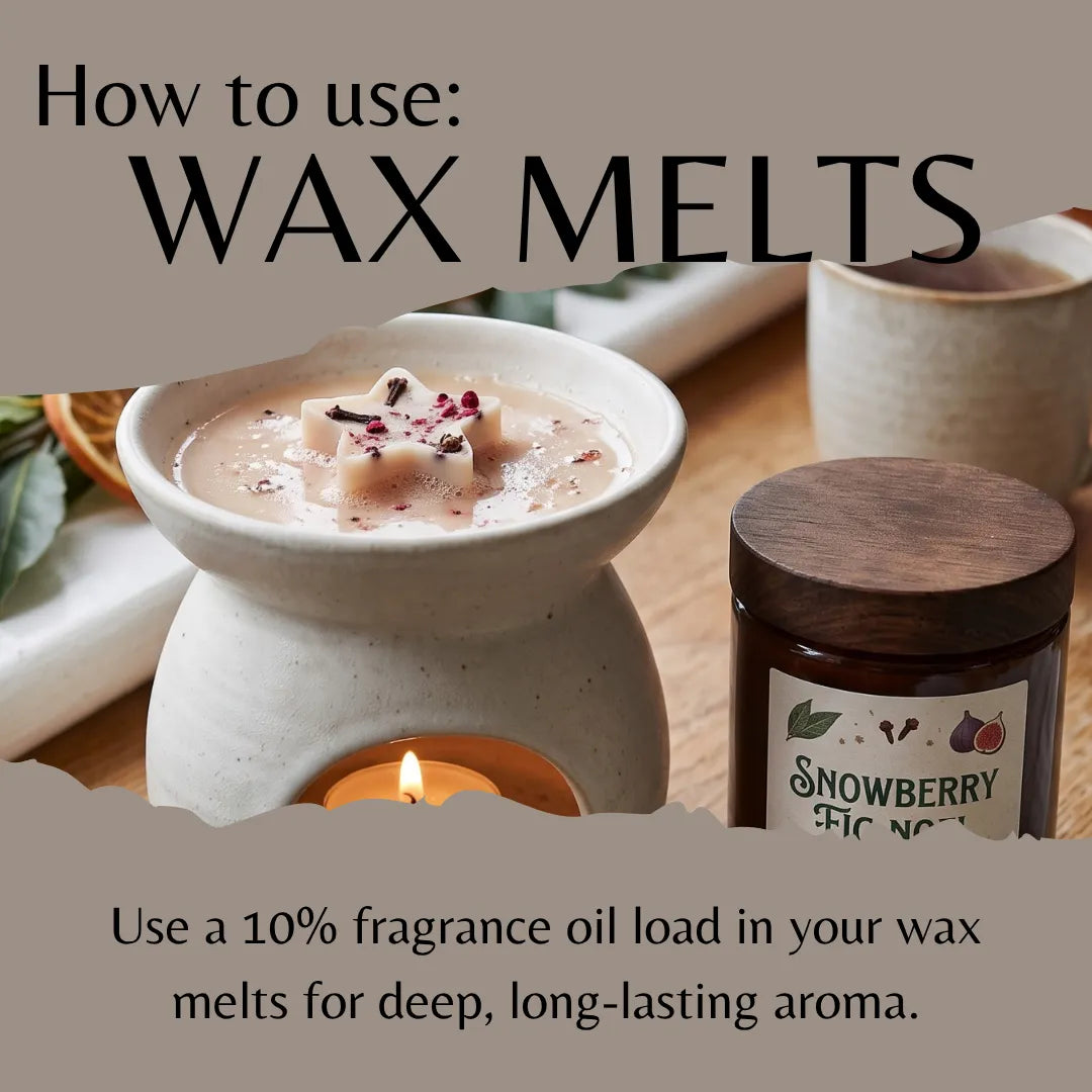 An instructional graphic titled 'How to use: WAX MELTS' shows a lit ceramic wax warmer with creamy wax and a small candle inside, alongside a jar labeled 'SNOWBERRY FIG NATIVE' fragrance oil. Text explains using fragrance oil in wax melts for deep, long-lasting aroma.