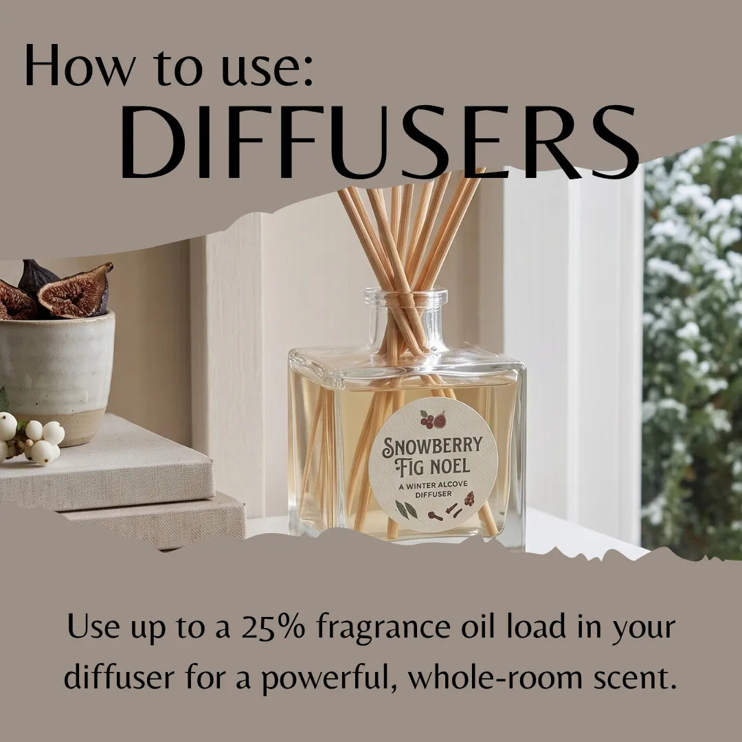 A reed diffuser bottle labeled 'Snowberry Fig Noel' with wooden reeds, shown in a styled interior scene with large overlaid text reading 'How to use: DIFFUSERS' and usage instructions below.