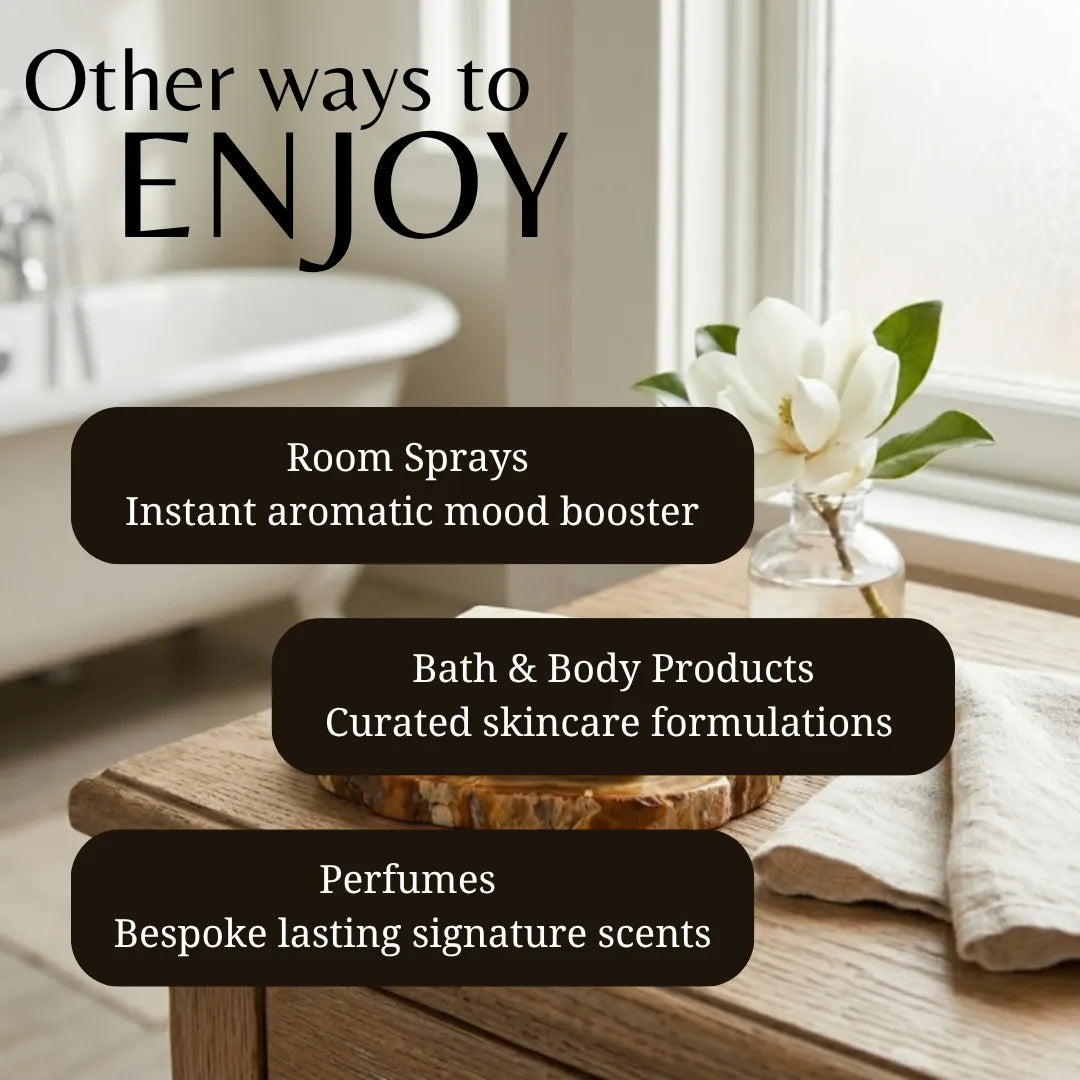 Promotional graphic with the text 'Other ways to ENJOY' over a softly blurred bathroom scene. Three dark rounded rectangles list: 'Room Sprays - Instant aromatic mood booster,' 'Bath & Body Products - Curated skincare formulations,' and 'Perfumes - Bespoke lasting signature scents.