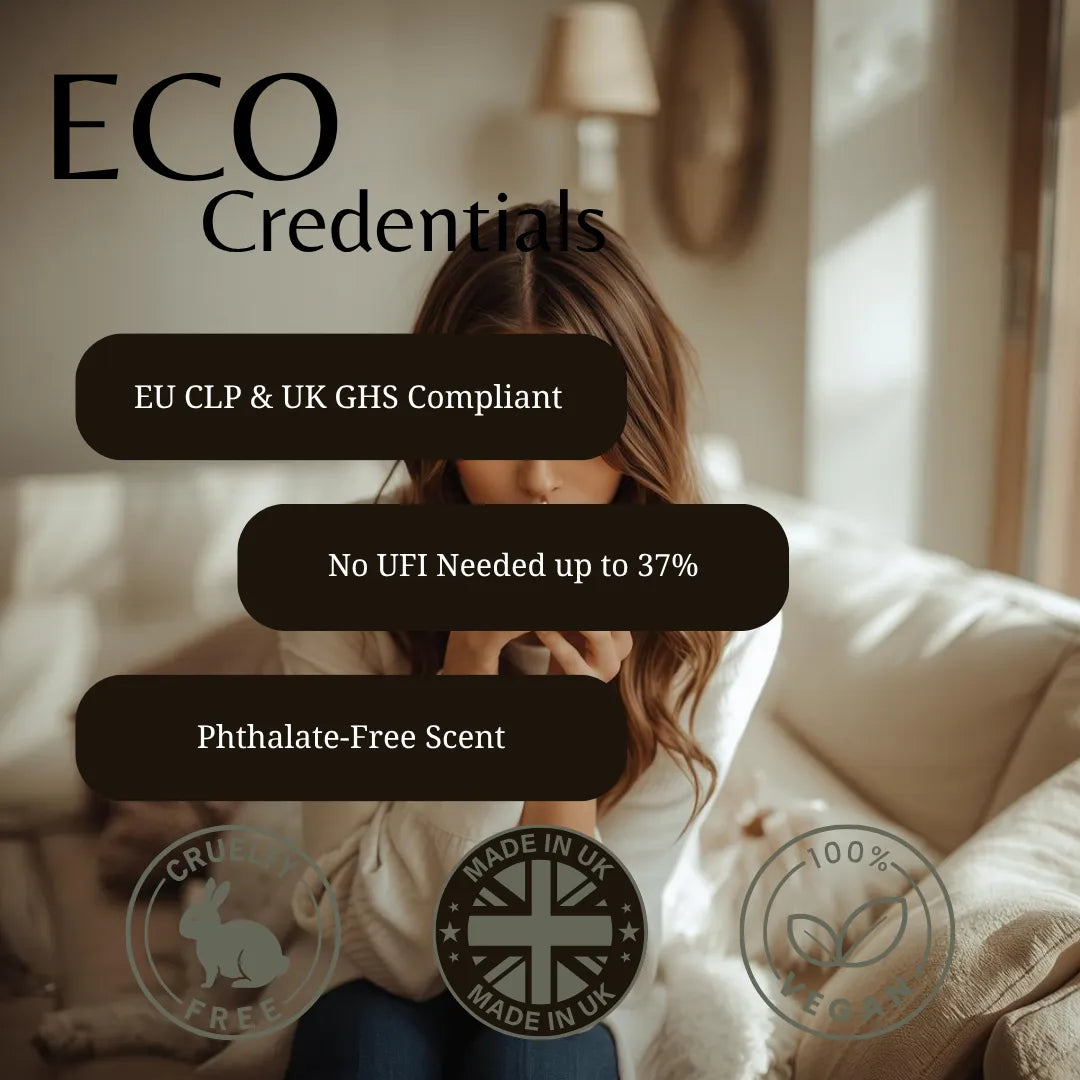 A promotional graphic for 'ECO Credentials' featuring a woman sitting on a beige sofa in a warmly lit living room. Three dark brown text banners highlight compliance and product benefits: 'EU CLP & UK GHS Compliant', 'No UFI Needed up to 37%', and 'Phthalate-Free Scent'.