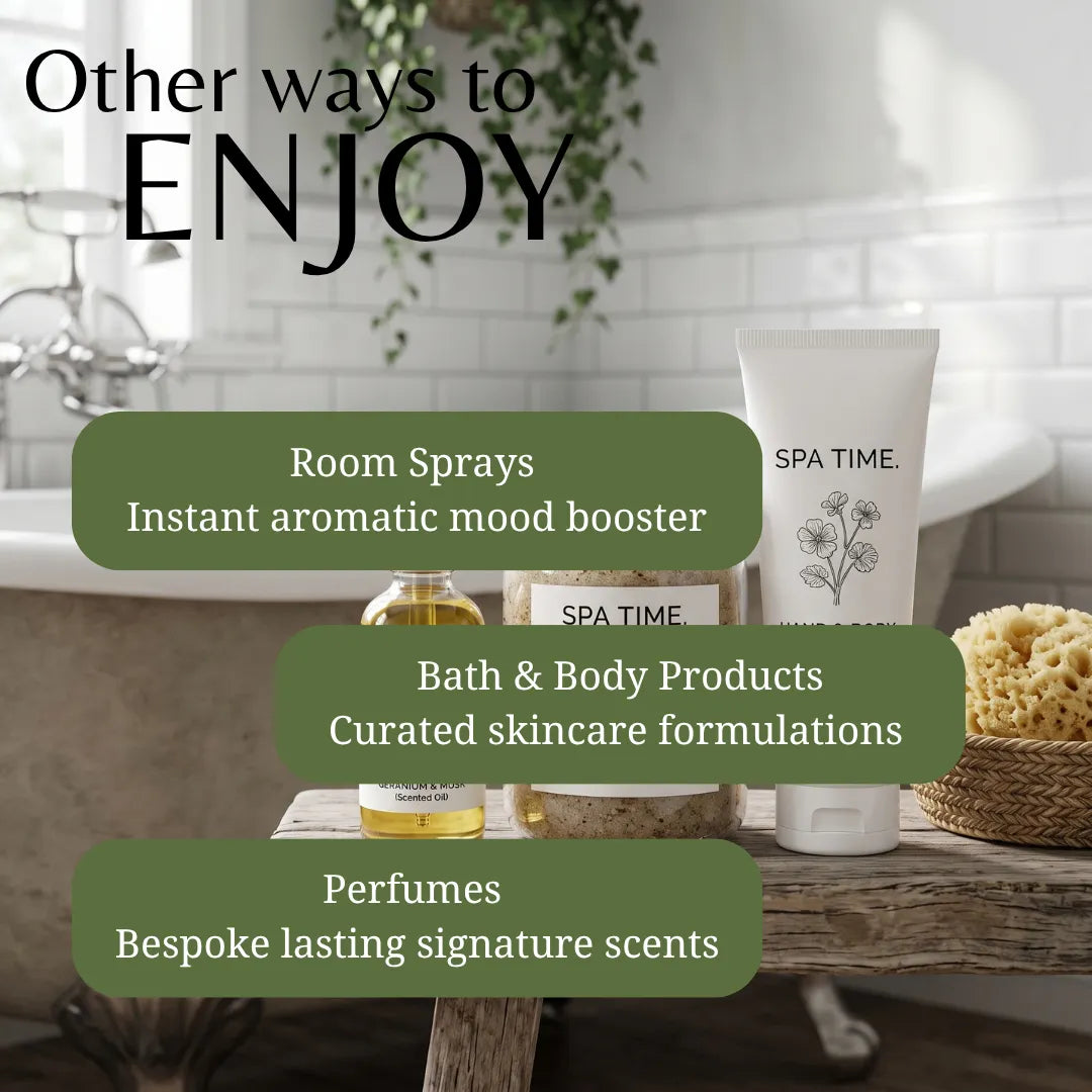 Promotional graphic for SPA TIME. showing bath and body products arranged on a wooden bench in a bright bathroom setting, with text overlays reading 'Other ways to ENJOY' and listing room sprays, bath & body products, and perfumes.