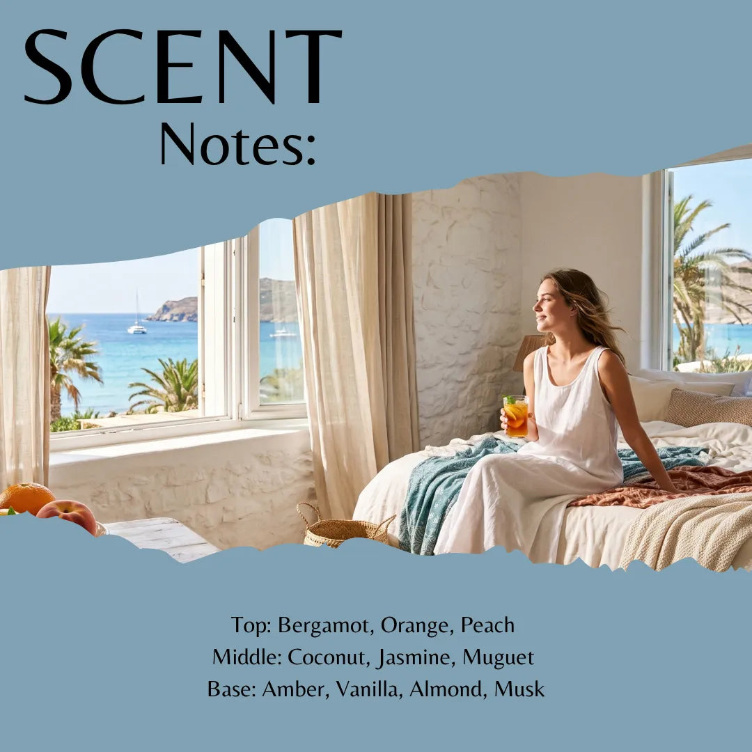 A fragrance notes graphic with a torn-paper effect showing a woman sitting on a bed by large windows with a beach and ocean view. The top reads 'SCENT Notes:' and the bottom lists fragrance notes: Top: Bergamot, Orange, Peach; Middle: Coconut, Jasmine, Muguet; Base: Amber, Vanilla, Almond, Musk.