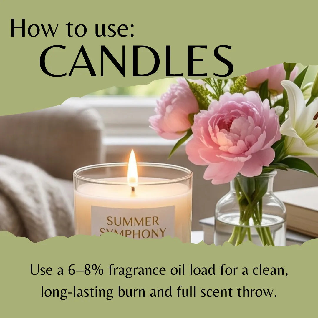 A lifestyle graphic showing a lit 'Summer Symphony' scented candle in a glass jar next to a vase of pink and white flowers, with text overlays explaining how to use candles.