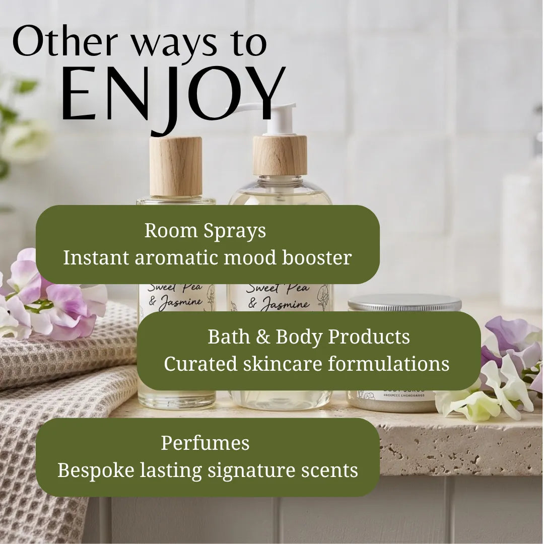 Promotional graphic for home fragrance and wellness products with three clear bottles and a small jar on a countertop, overlaid with text reading 'Other ways to ENJOY' and callouts for room sprays, bath & body products, and perfumes.