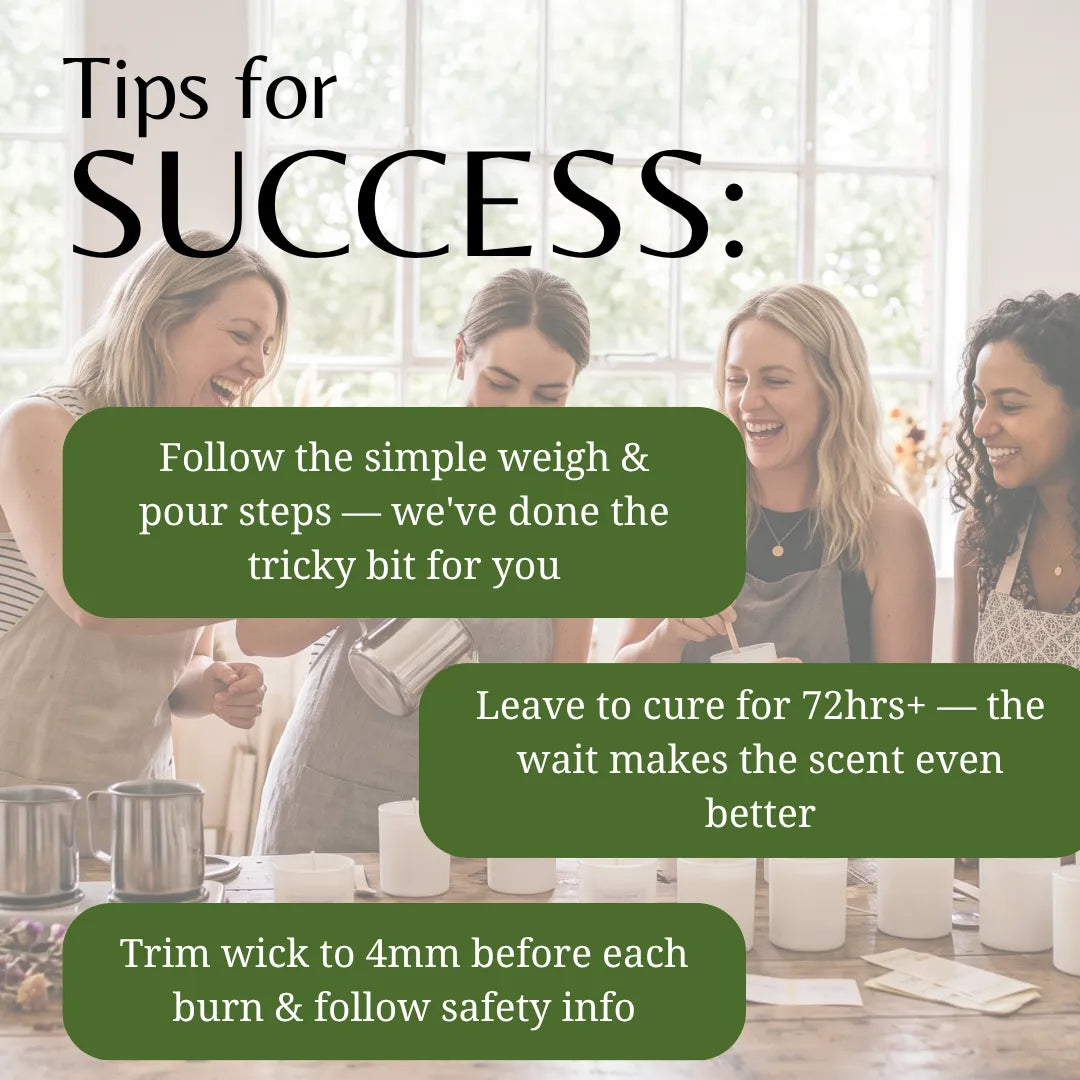 A promotional graphic with the headline 'Tips for SUCCESS:' over a softly blurred indoor scene of four women at a table. Three dark green rounded text boxes contain tips about weighing and pouring steps, curing time, and wick trimming.