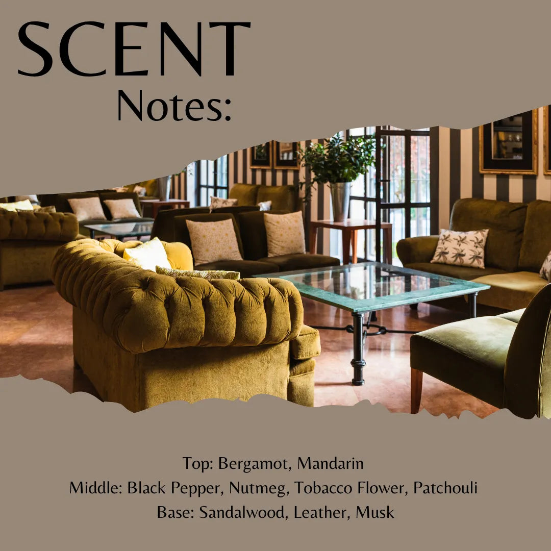 Scent Notes graphic featuring a warm, cozy living room scene with olive green tufted sofas, a glass-top coffee table, and striped walls, with text listing fragrance notes: Bergamot, Mandarin, Black Pepper, Nutmeg, Tobacco Flower, Patchouli, Sandalwood, Leather, and Musk.