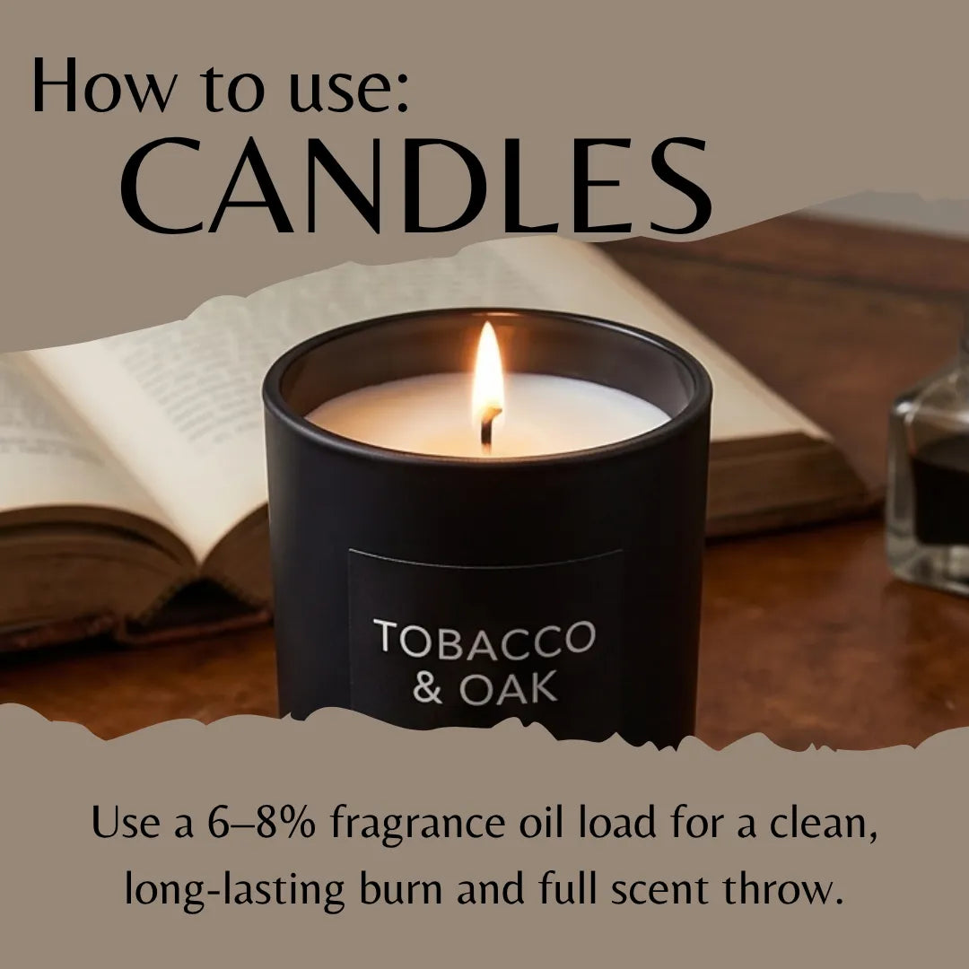A lit black candle jar labeled 'TOBACCO & OAK' sits on a wooden surface with an open book in the background. Large text at the top reads 'How to use: CANDLES' and text at the bottom gives usage instructions about fragrance oil load.