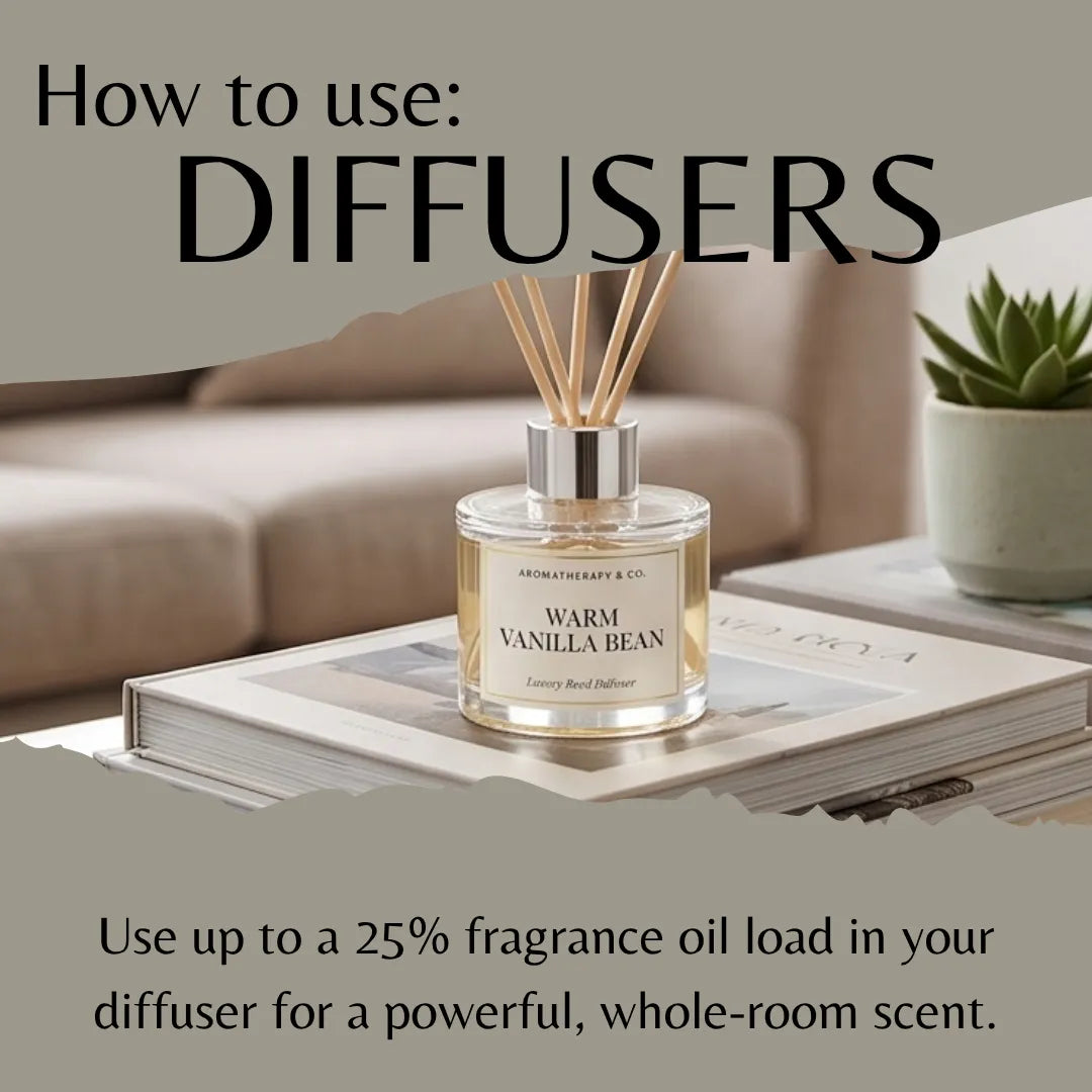 A reed diffuser bottle labeled 'Warm Vanilla Bean' sits on a stack of books in a living room setting, with large text reading 'How to use: DIFFUSERS' and smaller usage instructions below.