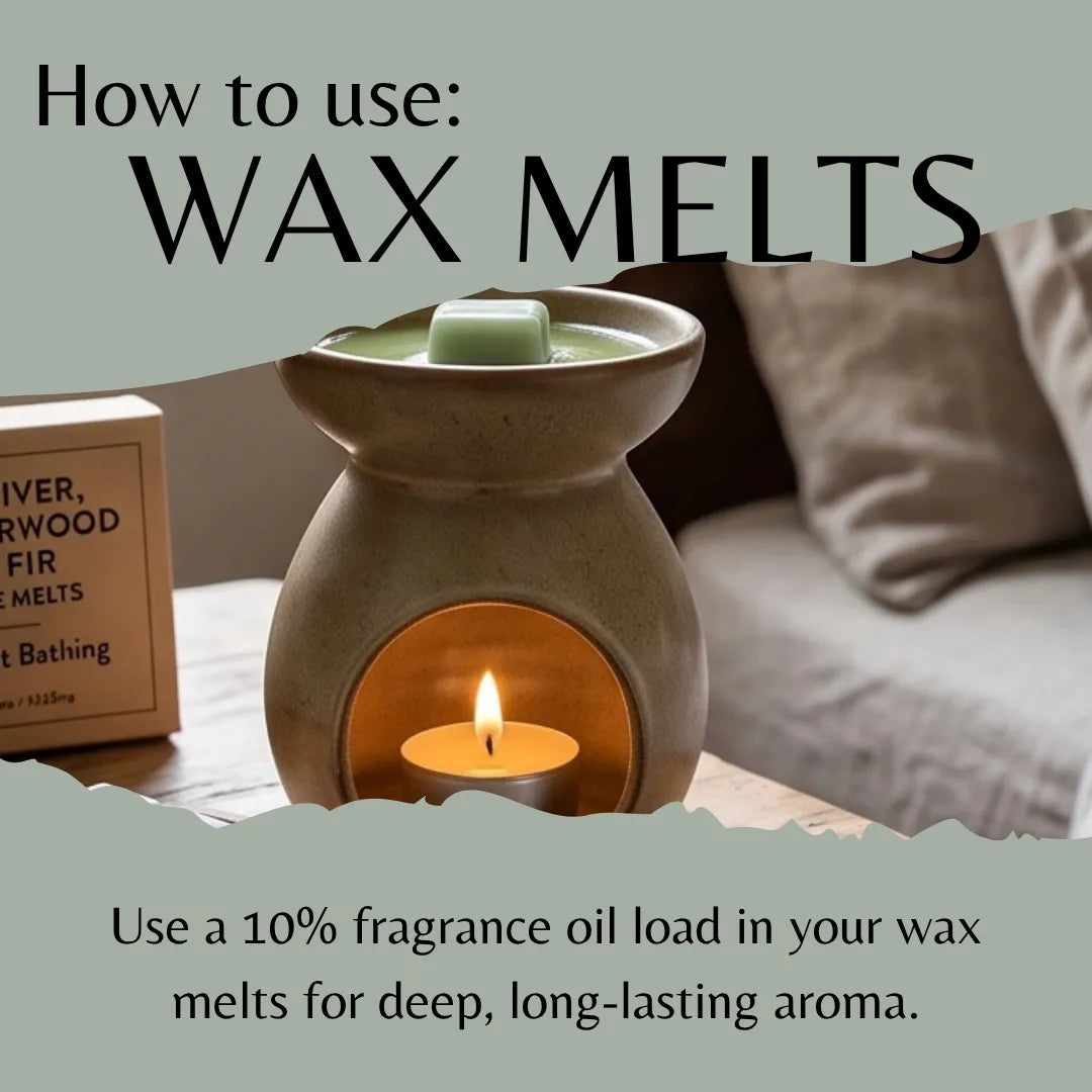 A ceramic wax warmer with a lit tea light candle inside, shown on a table in a bedroom setting with a pillow in the background. Text overlays explain how to use wax melts, with a partial product box visible on the left.