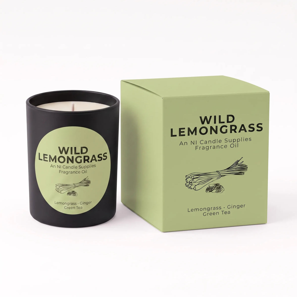 A black candle jar with a light green circular label next to its matching light green box, both printed with the brand name Wild Lemongrass and scent details for Lemongrass - Ginger Green Tea.