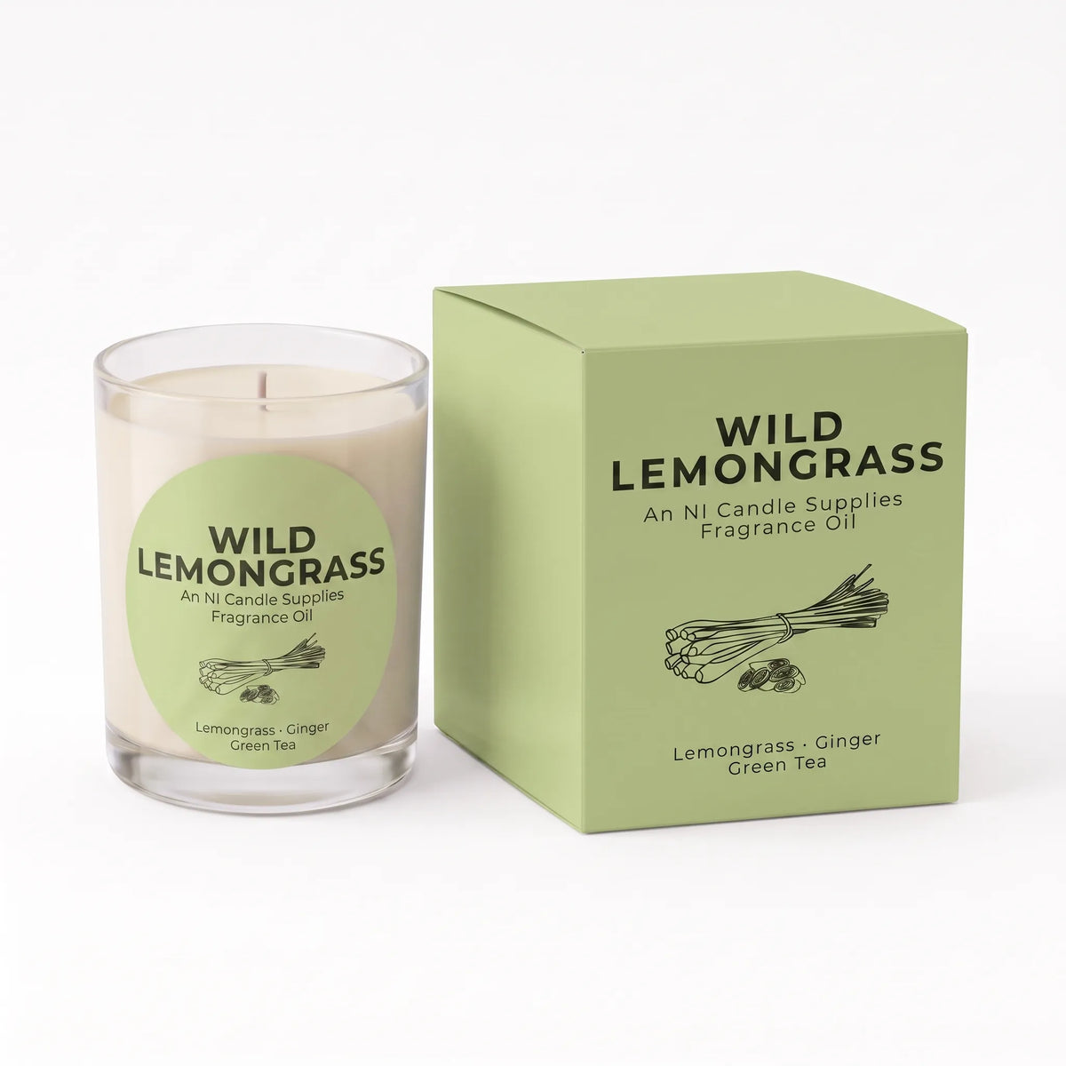 A glass jar candle with a pale green label next to its matching light green box, both printed with the brand name Wild Lemongrass and the scent name Lemongrass - Ginger Green Tea.