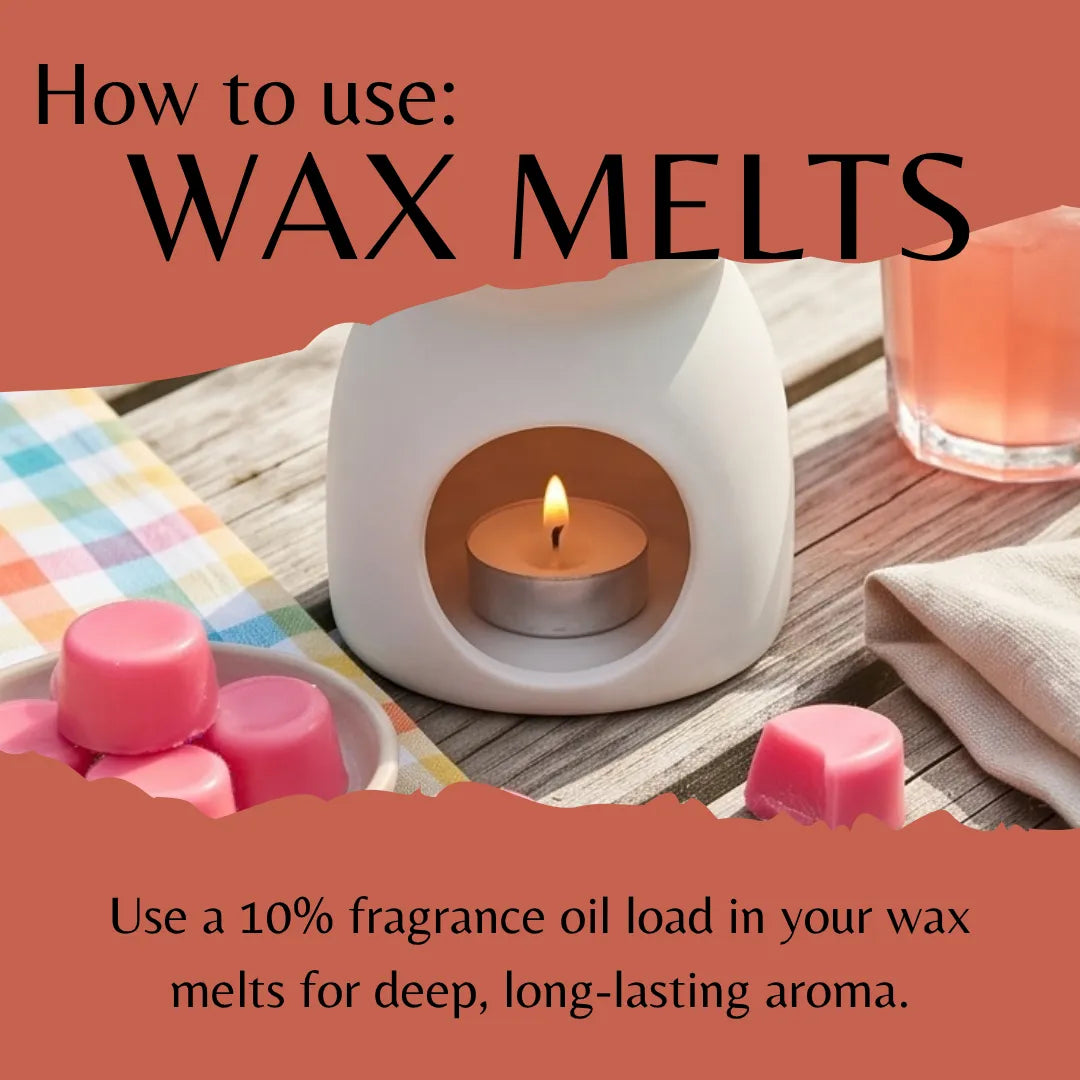A promotional graphic showing a white ceramic wax warmer with a lit tealight candle inside, surrounded by pink wax melts on a wooden surface. Large text at the top reads 'How to use: WAX MELTS,' and smaller text at the bottom says to use a 10% fragrance oil load for deep, long-lasting aroma.