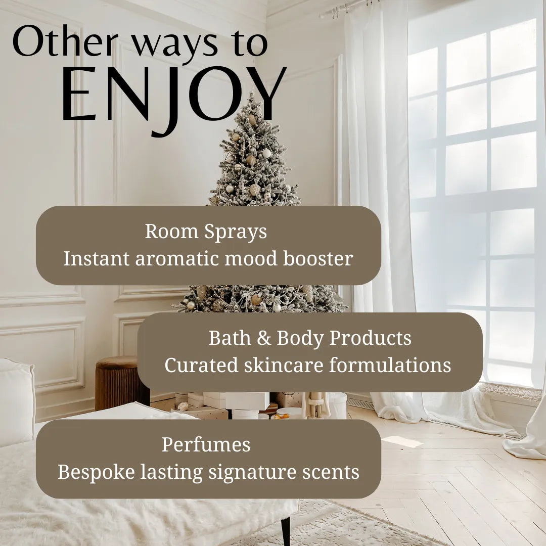 Living room with a Christmas tree and text about room sprays, bath & body products, and perfumes.