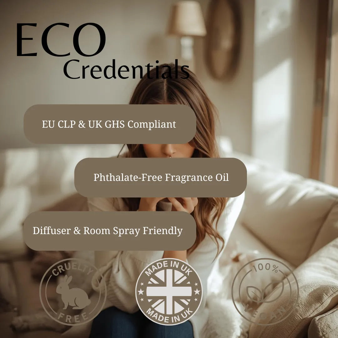 Woman sitting on a couch with text overlay about eco-credentials, compliance, and product features.