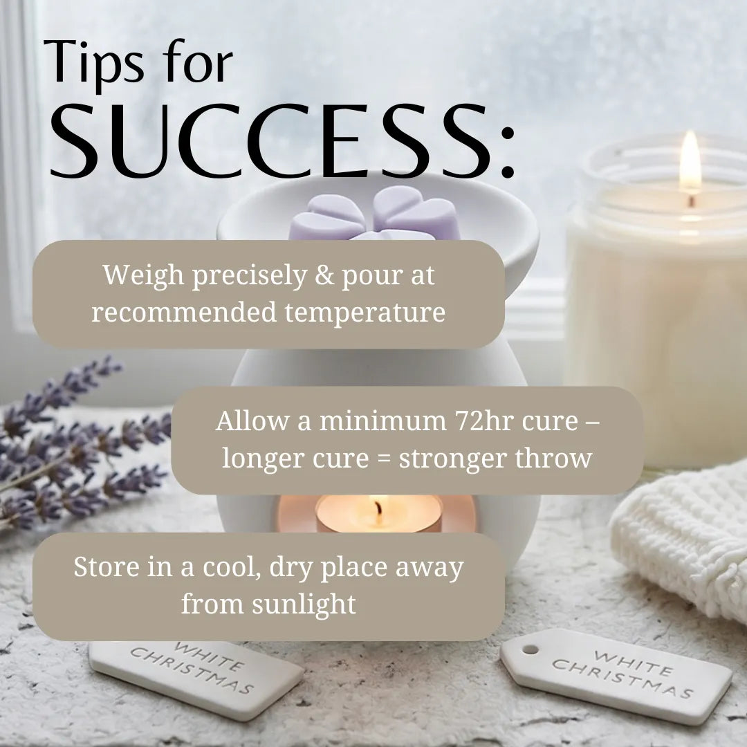 Candle-making tips with a candle and lavender on a textured surface