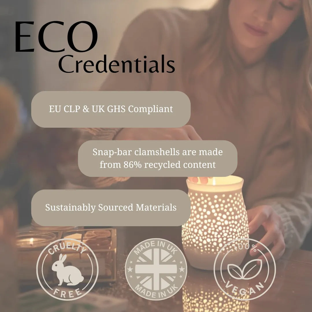 Woman using a scented lamp with eco-friendly product information overlay.