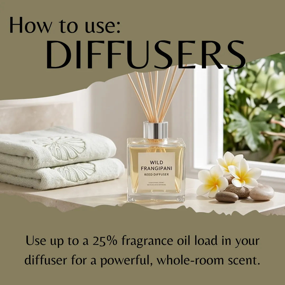 A reed diffuser bottle labeled 'WILD FRANGIPANI REED DIFFUSER' sits on a windowsill with folded towels, flowers, stones, and a window view in the background. Large text at the top reads 'How to use: DIFFUSERS' and smaller text at the bottom explains using up to 25% fragrance oil load.