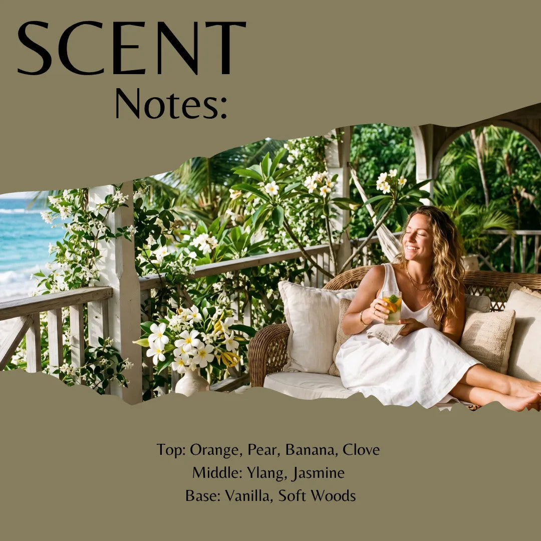 Scent Notes graphic featuring a tropical beach lifestyle photo of a woman lounging on a porch with white flowers, set against a taupe background with text listing scent notes: Orange, Pear, Banana, Clove; Ylang, Jasmine; Vanilla, Soft Woods.