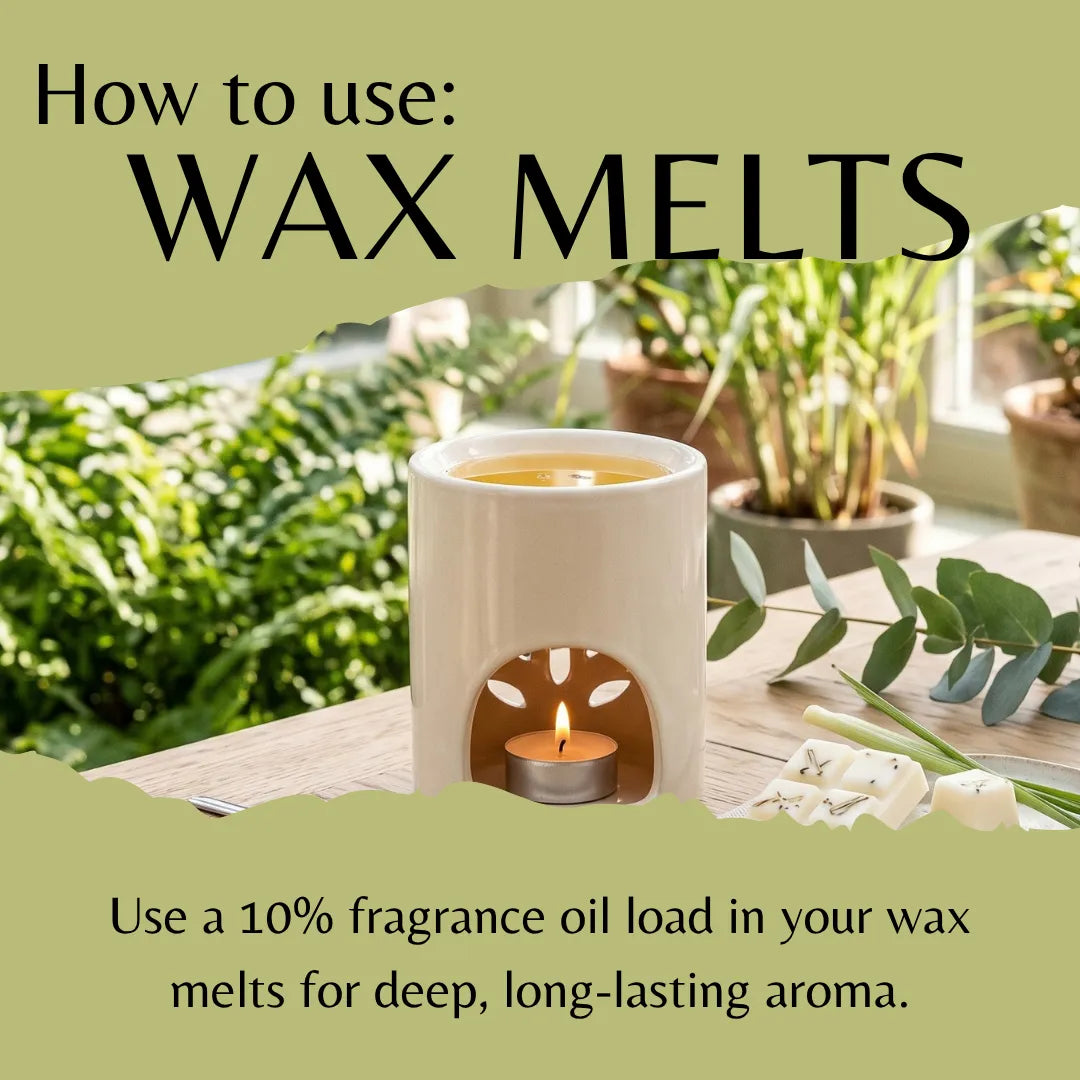 An instructional graphic titled 'How to use: WAX MELTS' shows a white ceramic wax melt holder with a lit tealight candle inside, placed on a table with plants in the background. Text at the bottom reads, 'Use a 10% fragrance oil load in your wax melts for deep, long-lasting aroma.