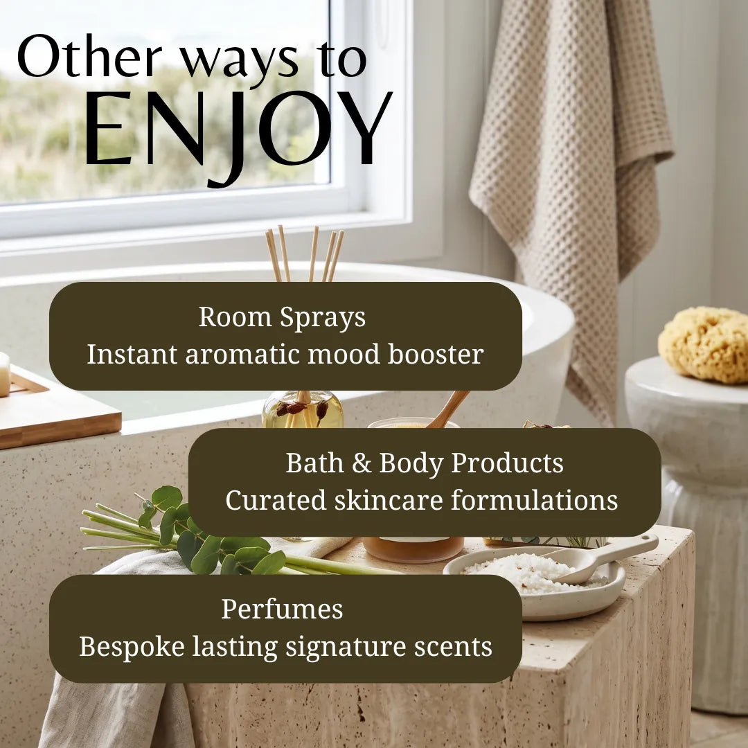 Promotional graphic with the headline 'Other ways to ENJOY' over a bathroom scene. Three dark brown text boxes list: Room Sprays, Bath & Body Products, and Perfumes.