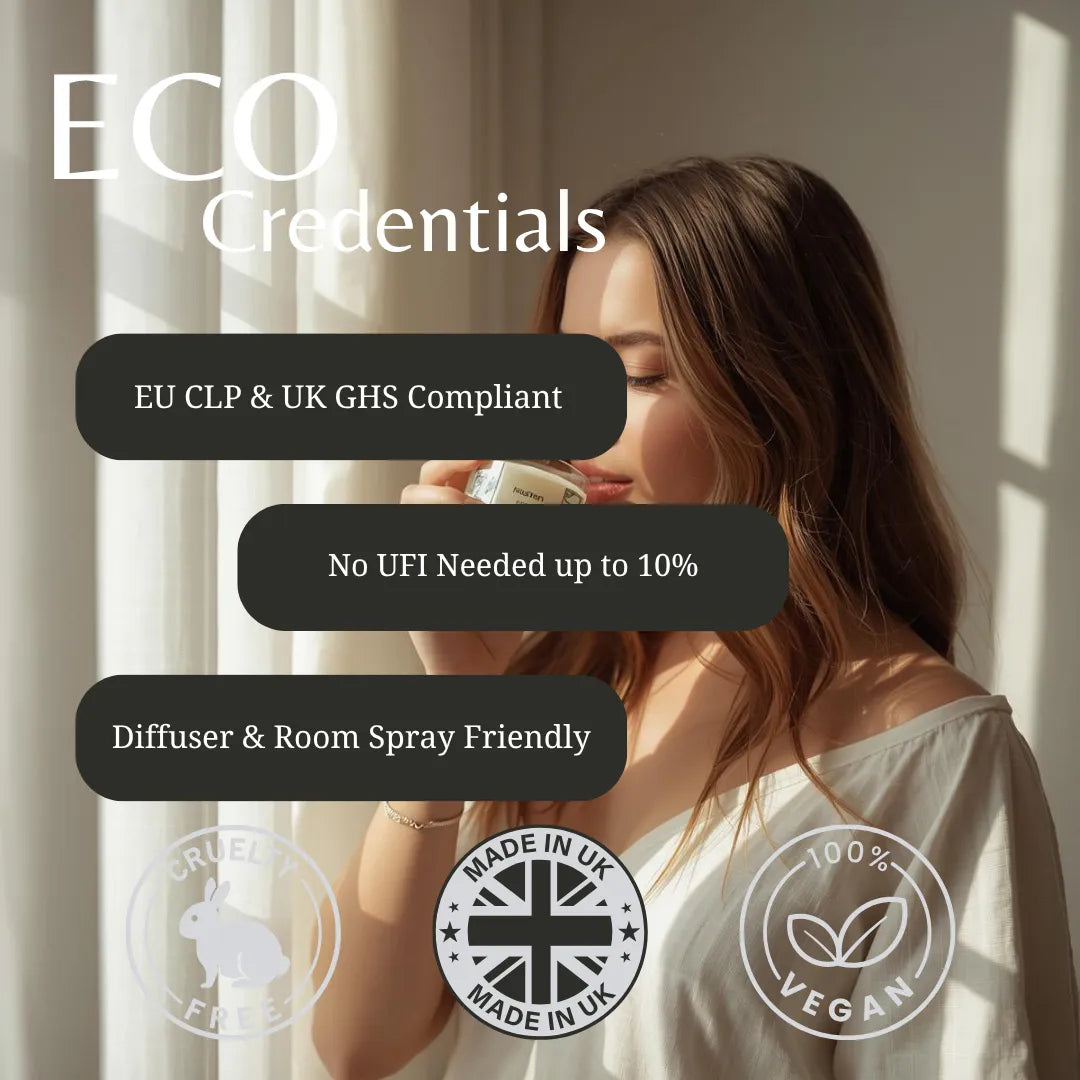 A woman in a white top stands in a sunlit room holding a small diffuser, with large text reading 'ECO Credentials' and feature callouts about EU CLP & UK GHS compliance, low fragrance strength, and diffuser/room spray friendliness. Circular badges at the bottom mention cruelty free, made in UK, and vegan.