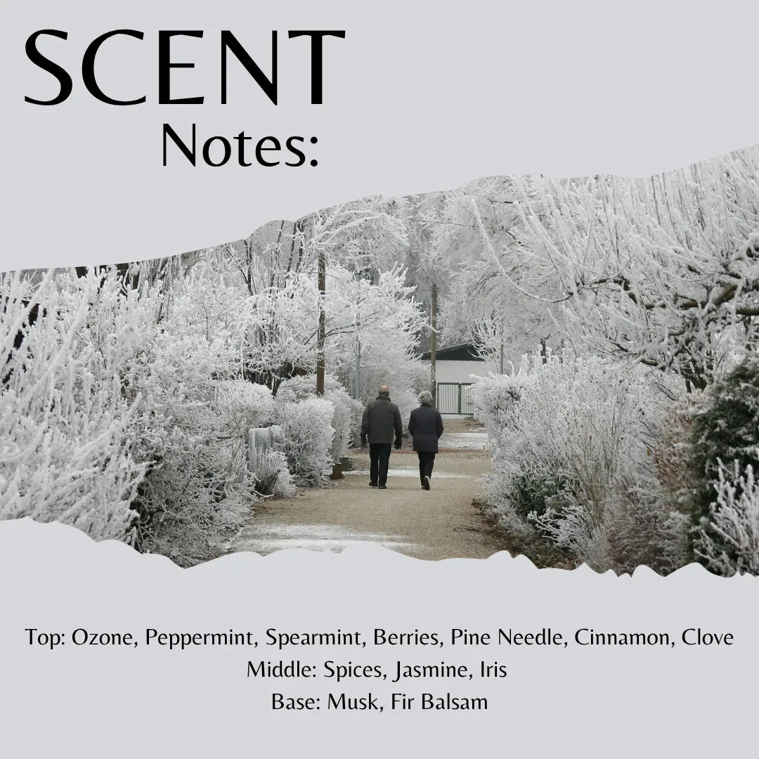 Scent Notes: album cover art featuring a snowy outdoor path with two people walking, with text listing fragrance notes including Ozone, Peppermint, Berries, Pine Needle, Cinnamon, Clove, Spices, Jasmine, Iris, Musk, and Fir Balsam.