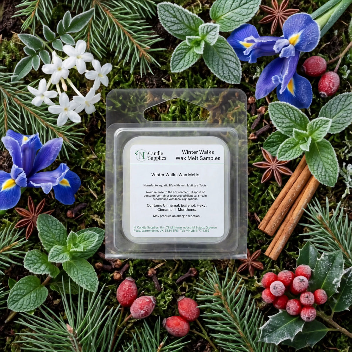 A clear plastic clamshell package of Candle Supply's Winter Walks Wax Melt Samples is centered on a festive, flat-lay background of pine needles, blue flowers, cinnamon sticks, star anise, and red berries.