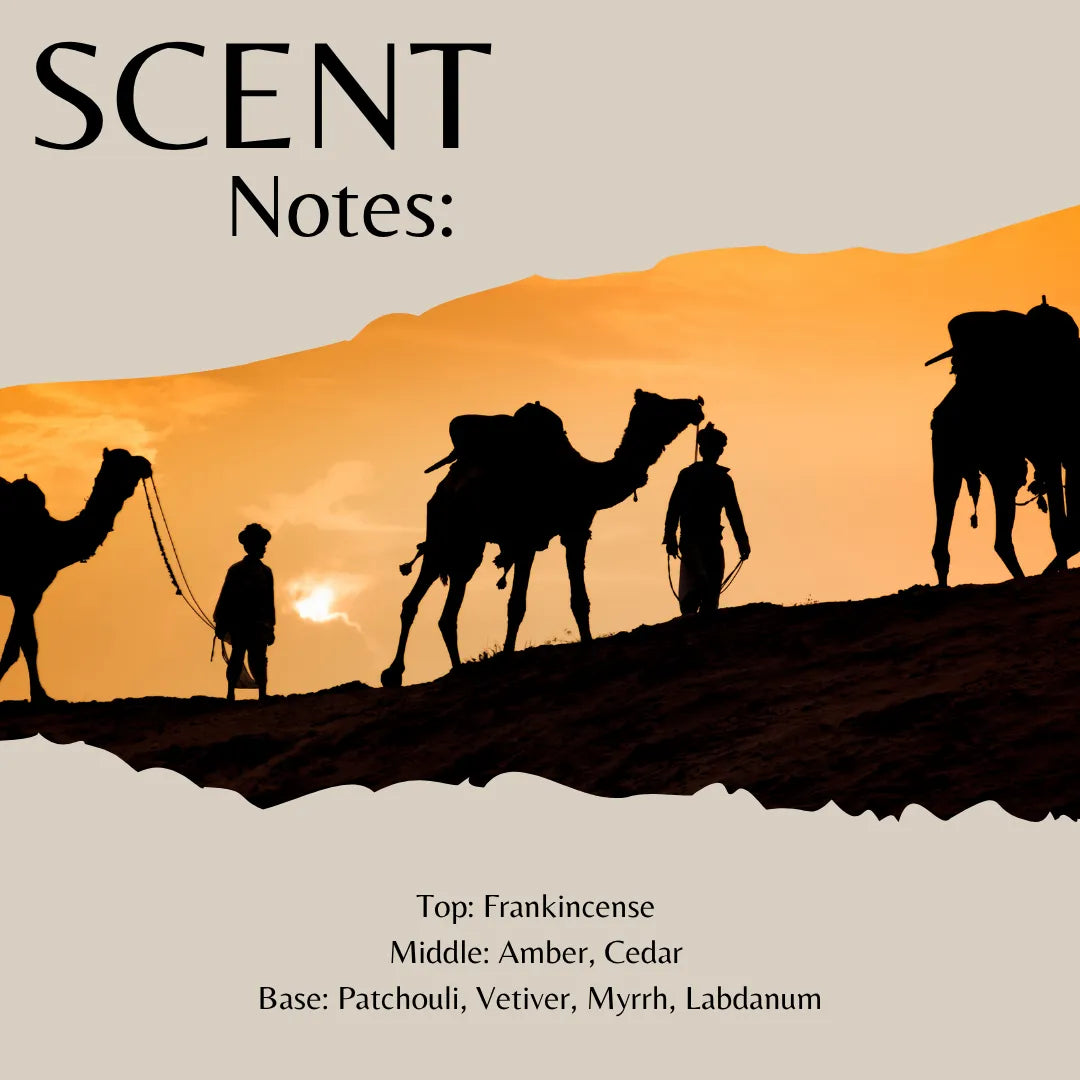 Scent Notes: fragrance profile graphic showing silhouettes of camels and a person against an orange sunset, with text listing top, middle, and base notes including Frankincense, Amber, Cedar, Patchouli, Vetiver, Myrrh, and Labdanum.